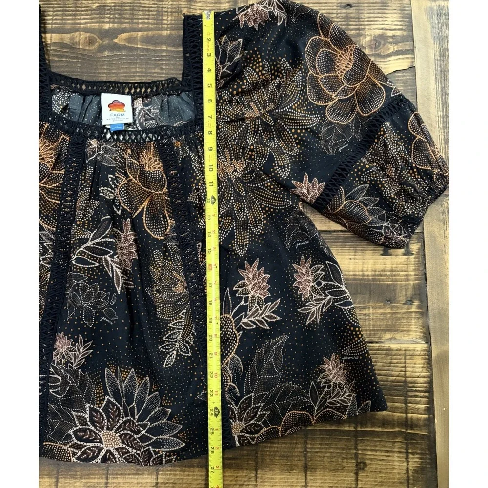 NWT FARM Rio x Anthropologie Floral Puff Sleeve Cotton Blouse Black Size L